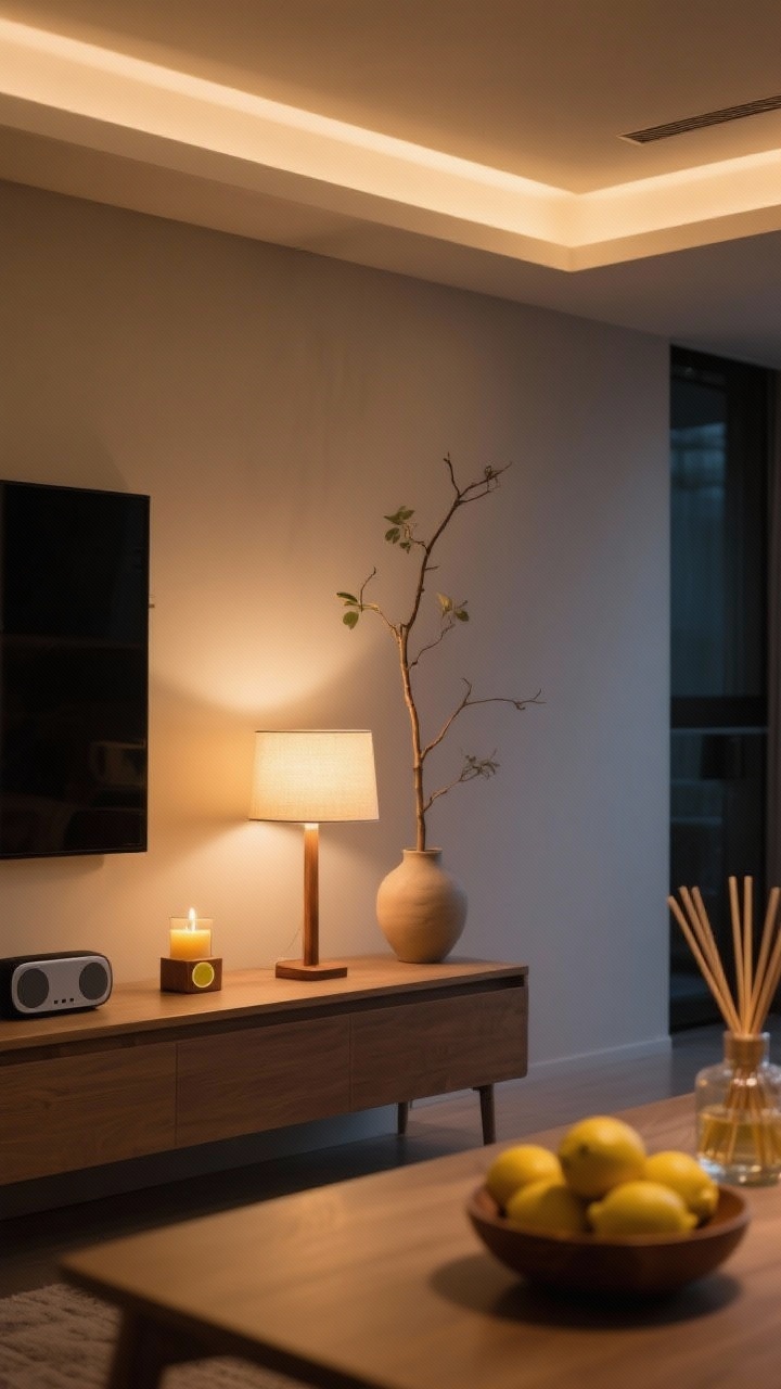 Photorealistic evening medium shot capturing invisible layers: warm, layered lighting with dimmed overheads and a glowing table lamp (2700–3000K); a sleek small Bluetooth speaker on a shelf; a lit woody-citrus candle and reed diffuser for a cohesive scent signature; natural elements like a tall branch in a vase and a bowl of lemons on the table. Calm, cozy ambiance, minimal visual clutter, mood-driven scene.