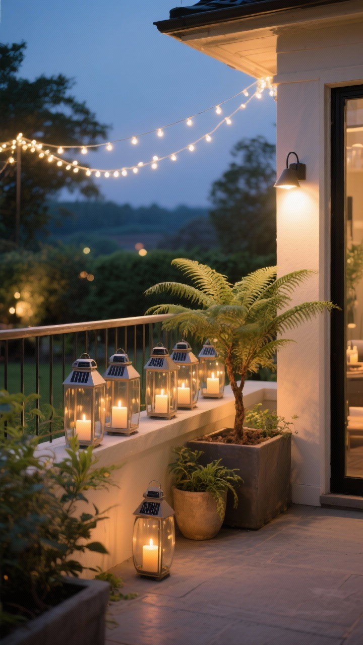 Photorealistic evening medium shot of layered lighting for a twilight garden glow: warm white string lights (2700–3000K) draped along the railing and overhead, a cluster of solar lanterns near planters, flameless LED candles inside hurricane vases on a small side ledge, and a discreet spotlight uplighting a statement fern or small tree to add depth. Emphasize cozy ambience with gentle bokeh from lights; shot from a corner angle, no people.