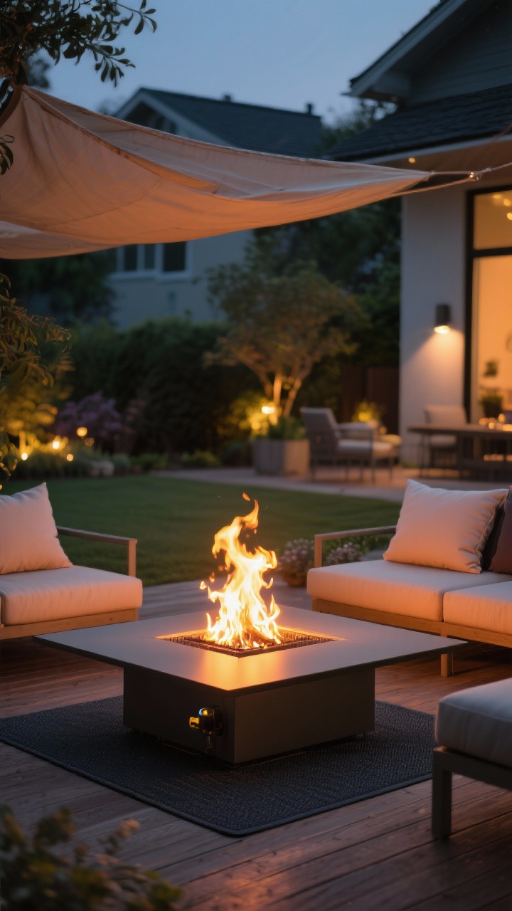 Photorealistic medium evening patio scene centered on a fire feature: a sleek propane fire table with a low, clean flame, surrounded by seating; a fireproof mat visible beneath on wood decking for safety; nearby cushions and overhead fabrics positioned at a safe distance; warm firelight mixing with faint ambient garden lighting; three-quarter angle emphasizing the flame’s glow and cozy ambiance; no people