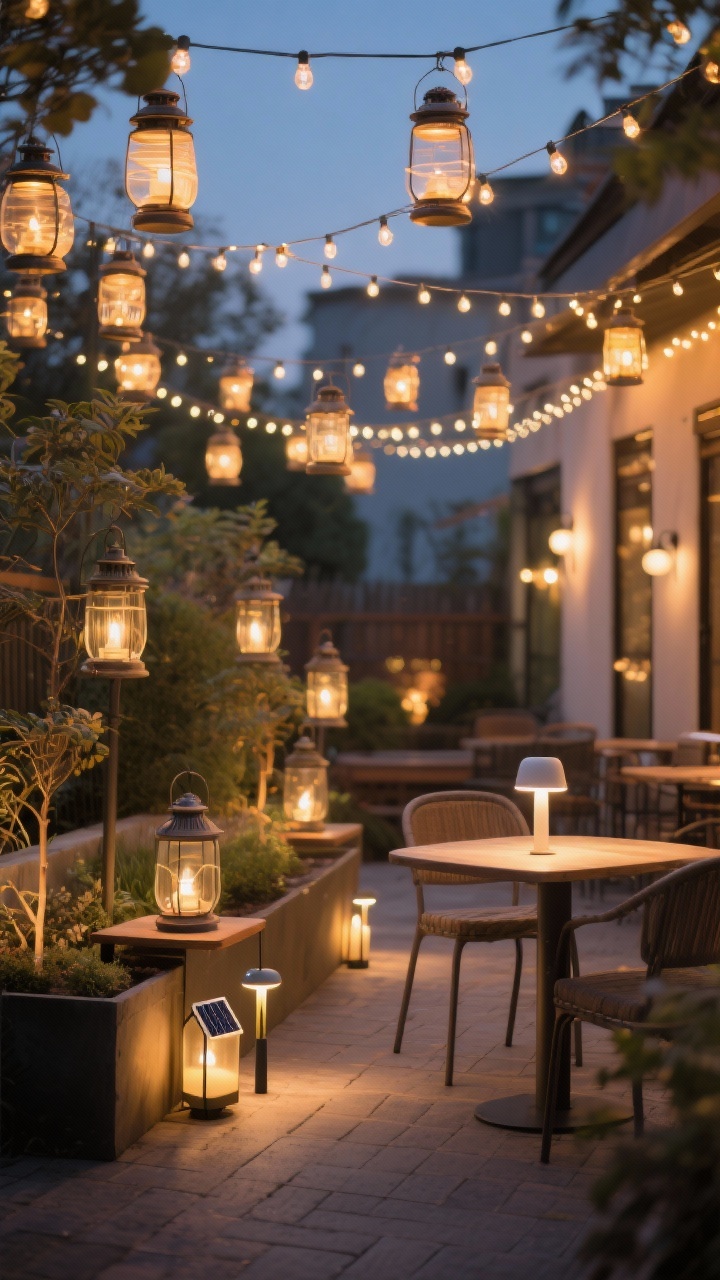 Photorealistic medium evening patio scene showcasing layered lighting: warm 2700–3000K glow, bistro string lights zigzagged overhead, clusters of lanterns and hurricanes at different heights (floor, side table, and one hanging), subtle solar stake lights defining planter edges, and a small rechargeable LED task lamp on a bistro table; cozy café vibe with soft, diffused shadows; straight-on view, no people