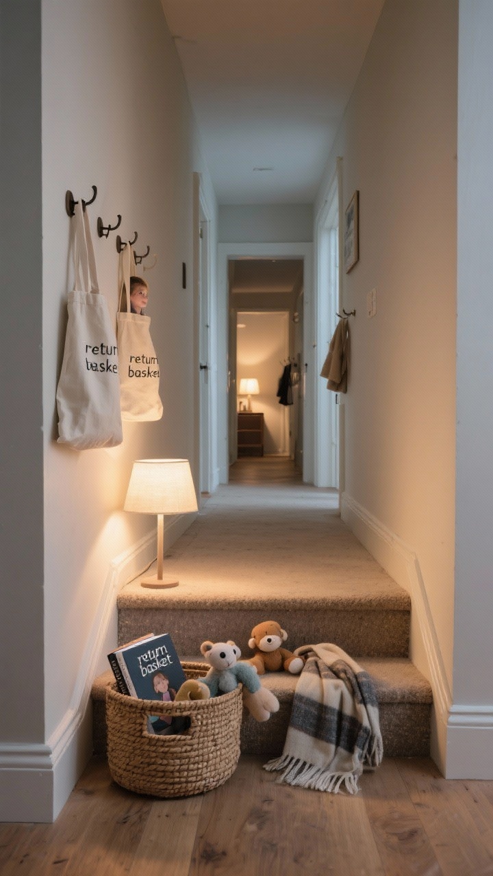 Photorealistic medium shot down a hallway with a staircase: a small woven “return basket” on the bottom stair holding a book, a toy, and a stray scarf; a simple canvas tote for each family member hanging on wall hooks with subtle name tags; a tidy home vibe with a path leading to different rooms, suggesting the habit of taking one item along; evening lamplight spilling from a room, clean baseboards, neutral walls, natural textures