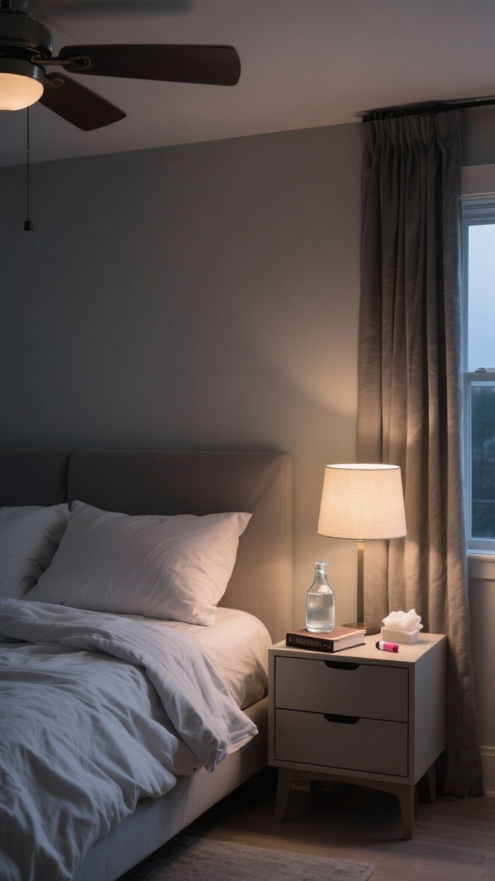 Photorealistic medium shot of a bedroom evening ritual: loosely made bed with the duvet pulled up and pillows smoothed, a pared-back nightstand with just a water carafe, a single book, and lip balm (drawer closed on clutter), blackout curtains drawn with a ceiling fan gently spinning or window slightly cracked. A subtle linen spray bottle or cotton pad with essential oil on the nightstand. Low, warm bedside lamp sets a tranquil sleep vibe. Angle: straight-on from foot of bed.