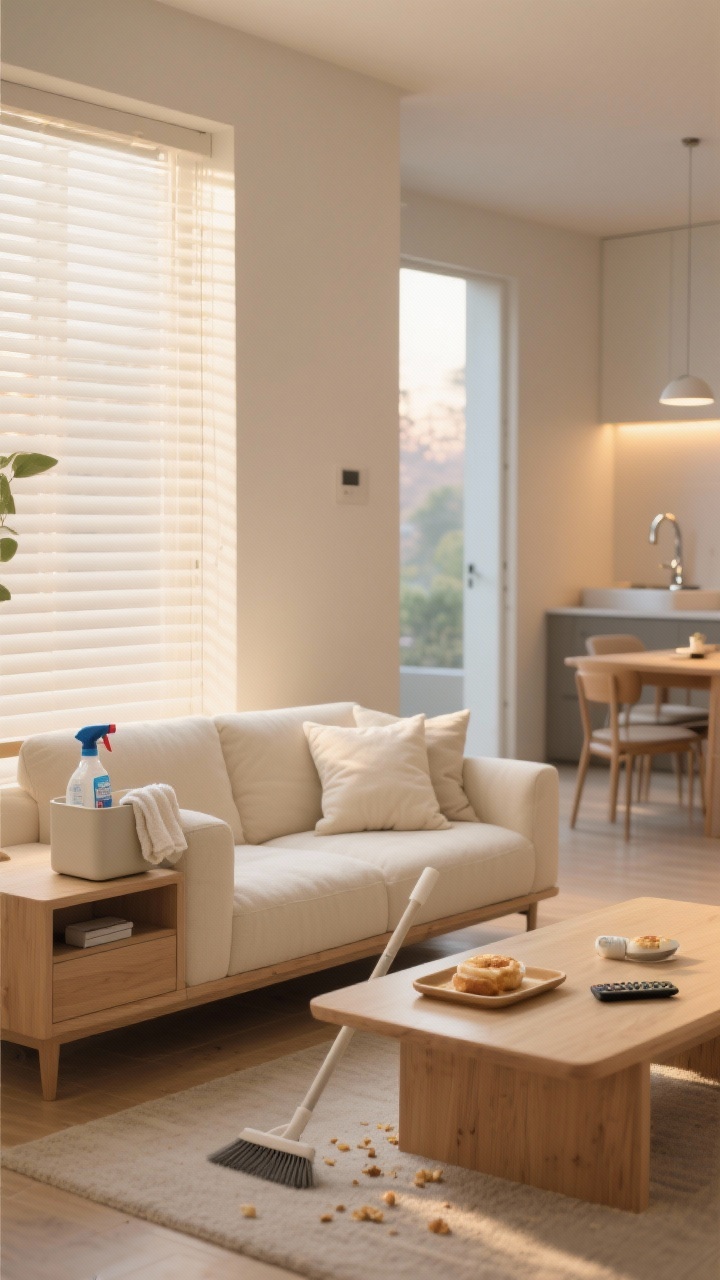 Photorealistic medium shot of a bright, modern living room during early morning with blinds freshly opened, soft natural light streaming in; a small cleaning caddy on a console holds a microfiber cloth, an all-purpose spray bottle, and a lint roller; sofa pillows just fluffed, coffee table cleared, a few breakfast crumbs being swept from under the dining table in the background; an evening version implied with a tidy tray holding remotes on the side table and a gleaming sink visible through a doorway; calm, lived-in minimal style, warm neutral palette with light wood and cream fabrics