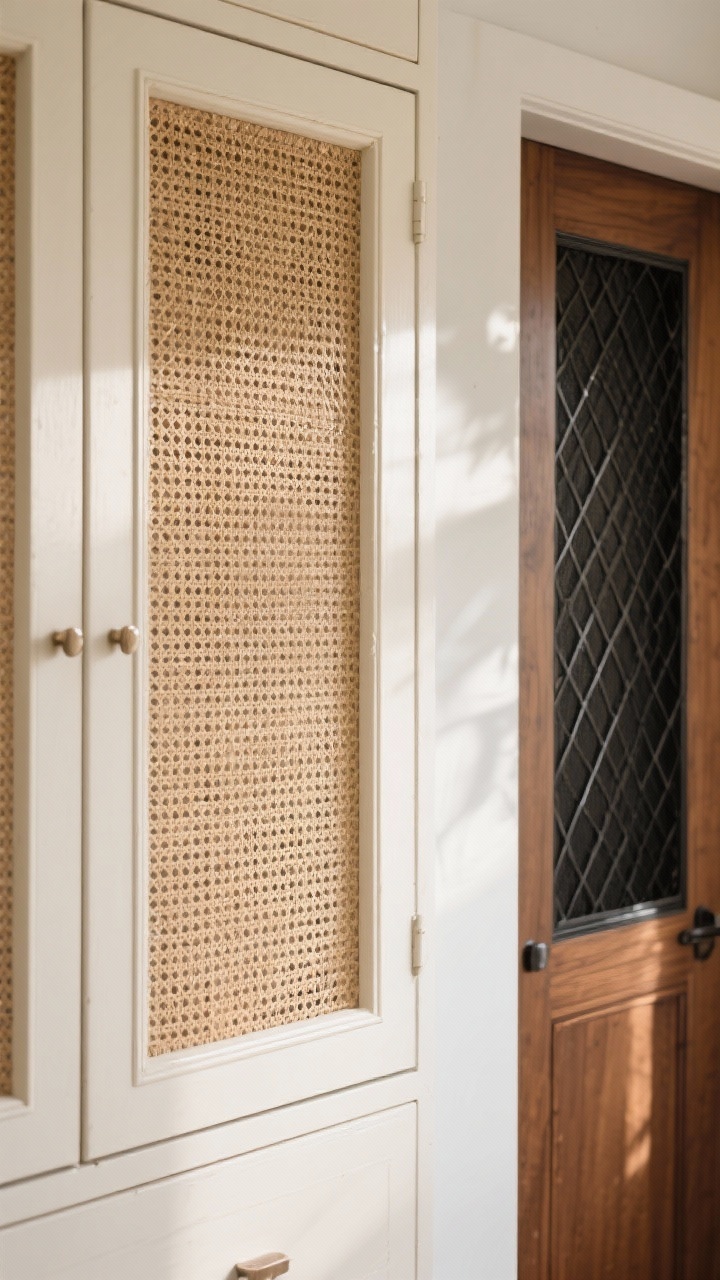 Photorealistic medium shot of a cabinet door updated with airy cane webbing: the center panel removed and replaced with natural cane, stretched taut and stapled, framed by thin screen molding trim for a clean finish. The cabinet frame painted a creamy white; include a second door variant in the scene with walnut-stained frame and black metal mesh for a moody tonal contrast. Gentle daylight, slight shadows revealing the woven texture and open weave. Angle from the corner to show depth and texture.