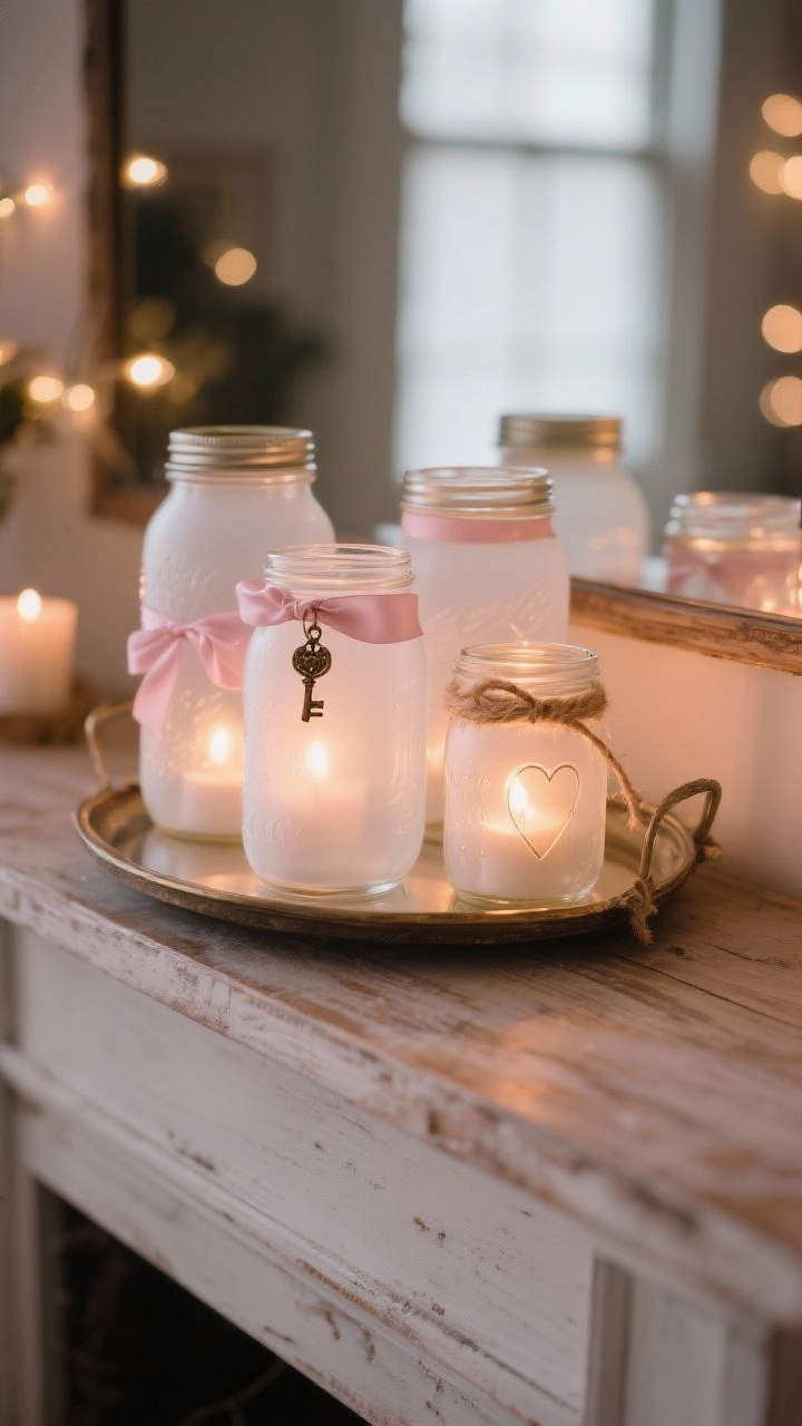 Photorealistic medium shot of a cluster of frosted mason jar lanterns on a mirror tray atop a wooden mantel, diffused candlelight glowing from tea lights inside. Jars are lightly coated with matte white glass-frosting spray for a soft, rom-com ambiance; some rims wrapped with blush ribbon, others with natural twine, a tiny vintage key charm on one. Optional heart stickers create subtle silhouettes through the frost. Arrange 3–5 jars at varying heights, reflections doubling the warm glow. Background dimmed with low ambient light, bokeh fairy lights faintly out of focus. Color palette: blush, ivory, soft gold. Textures: frosted glass, satin ribbon, rustic twine, smooth mirror.