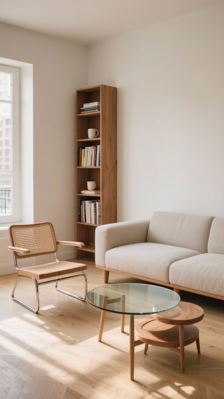 Photorealistic medium shot of a compact seating setup featuring an apartment-sized sofa with slim arms and a tight back, raised on wood legs to reveal more floor; open-frame cane accent chair with slender metal legs; a rounded-edge glass coffee table to ease flow; nesting side tables partially tucked under the sofa arm; tall, narrow bookcase using vertical storage with neatly arranged books and a mug; warm, airy daylight and clear sightlines under furniture