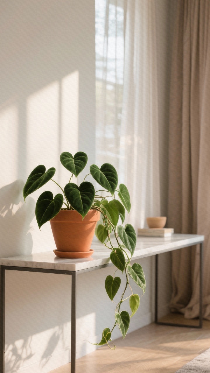 Photorealistic medium shot of a console table vignette featuring a heartleaf philodendron draping gently over the edge; warm-toned terracotta or caramel pot for cozy contrast; medium to bright indirect daylight filtering through sheer curtains; velvety heart-shaped leaves softening the clean lines of a modern console; straight-on composition to highlight the romantic, unbothered vibe.