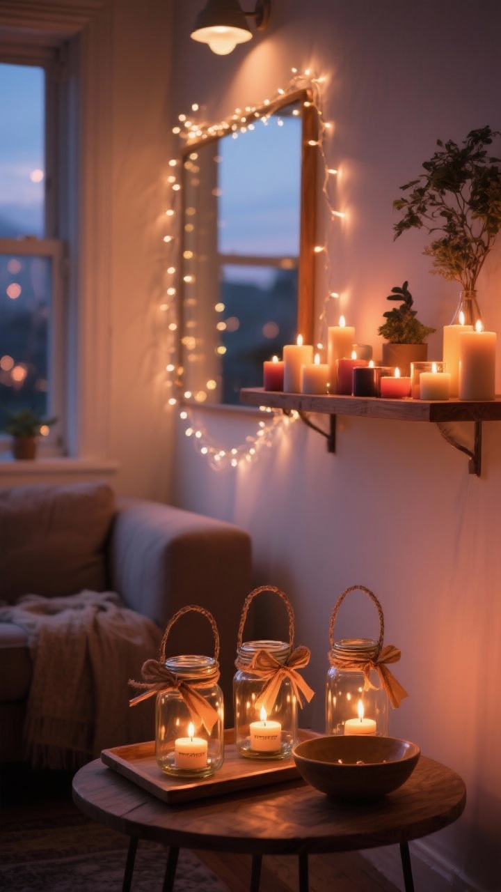 Photorealistic medium shot of a cozy living room corner at dusk with warm, dim ambient lighting: warm white fairy string lights draped across a wall mirror and along a wooden shelf, clusters of mixed tea lights and pillar candles grouped in threes on a small tray and a shallow bowl, and DIY lanterns made from cleaned jam jars with battery tea lights inside, each tied with ribbon or twine bows. Soft amber/rosy hue from budget smart bulbs replaces harsh overheads. No people; intimate, romantic mood, bokeh glow and gentle shadows.