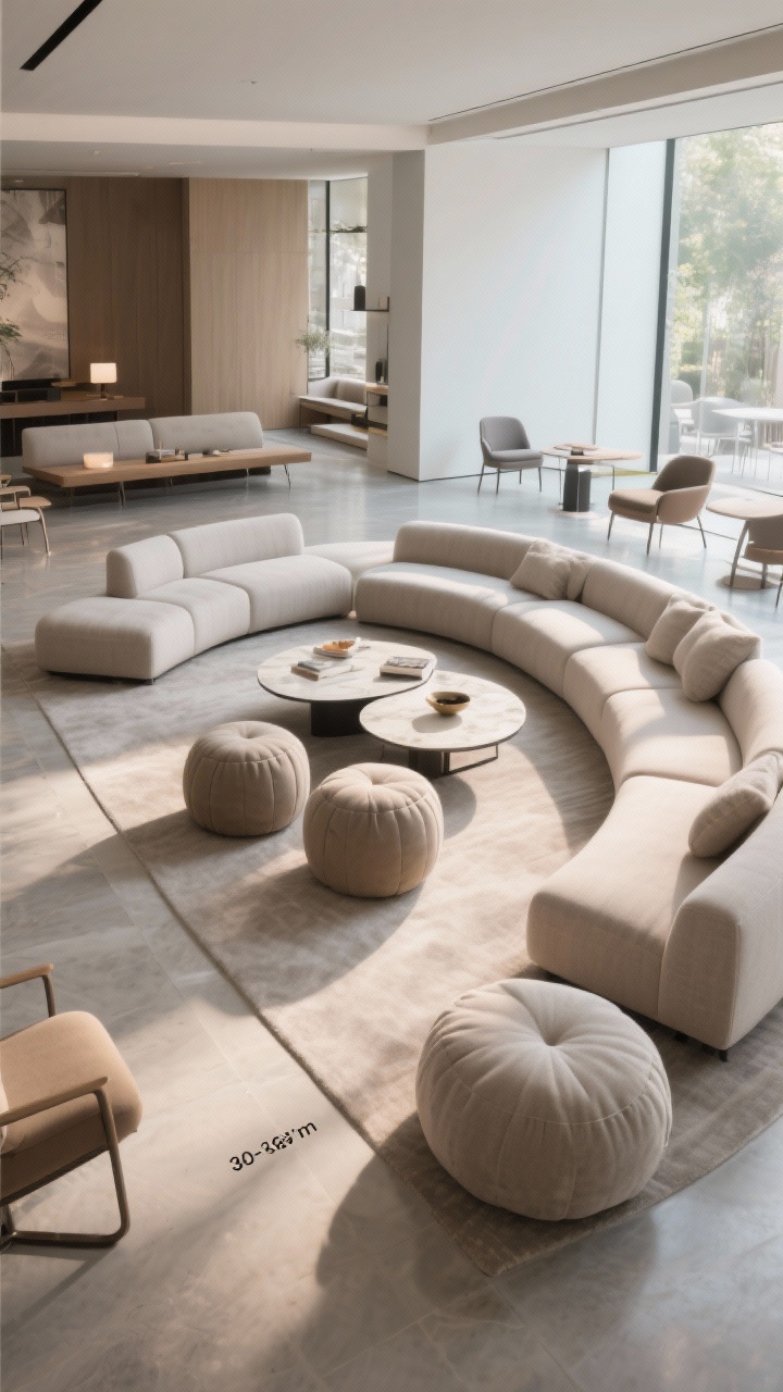 Photorealistic medium shot of a flowing lounge layout: U-shaped seating arrangement around a low coffee table for conversation, with a couple of soft-edged poufs that ease circulation; clear walkways of approximately 30–36 inches between pieces; optional bench plus chairs on one side to suggest flexible seating; natural daylight, straight-on view emphasizing the conversation circle and unobstructed paths; no people