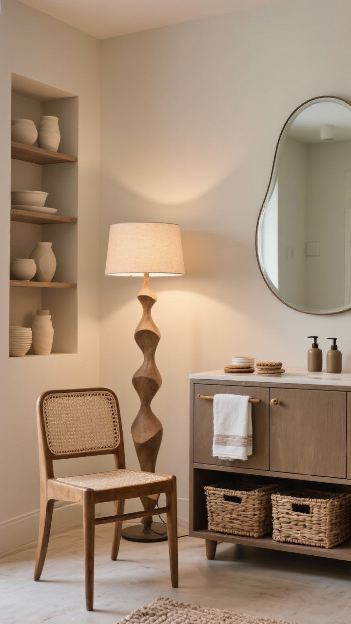 Photorealistic medium shot of a functional-beauty vignette: a sculptural floor lamp acting as art beside a vintage side chair, a curved mirror above a console with matching soap dispensers, handsome hand towels, coasters, and woven storage baskets. Closed cabinet doors conceal clutter while open shelving holds visually calm items like neutral ceramics. Warm ambient lighting, intentional and practical, no extra tchotchkes.