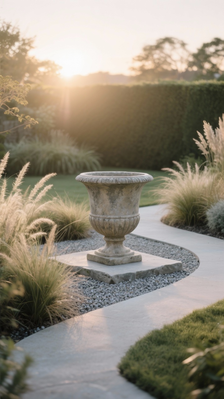 Photorealistic medium shot of a garden focal point at sunrise: a vintage stone urn on a simple gravel pad, framed by low ornamental grasses and a subtle curved path that gently leads the eye to the urn; surrounding area within a 6–10 ft radius is decluttered, with minimal supporting plants and no competing decor; soft morning light catching the urn’s rim; textures: feathery grasses, smooth stone, fine gravel; straight-on view emphasizing the hero feature.