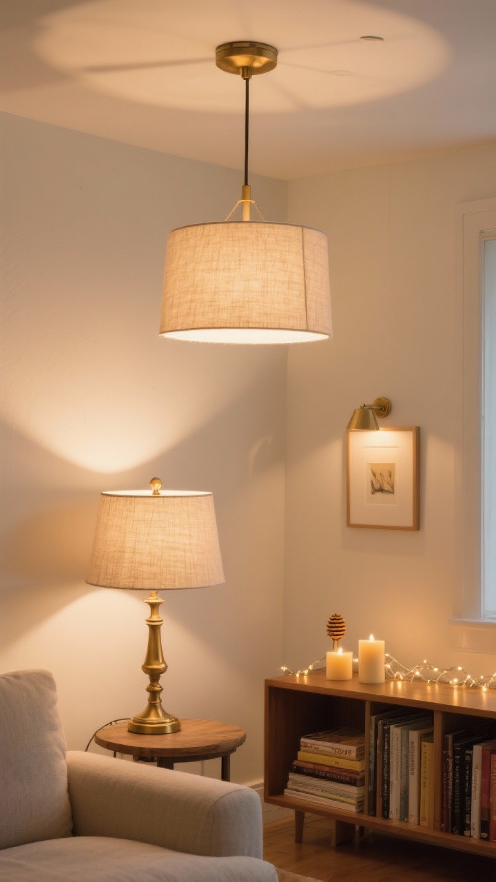 Photorealistic medium shot of a living room corner showcasing layered lighting: a ceiling pendant on a dimmer casting a soft glow, a brass table lamp with a natural linen shade at eye level using a warm 2700K bulb, and low, glowy accents including beeswax candles and a delicate string light draped along a bookshelf. Warm, cozy color palette with soft shadows on warm white walls; include a small picture light illuminating framed art. Emphasize the softened light through the natural-fabric lampshade and the warm tone of the bulbs; no people.