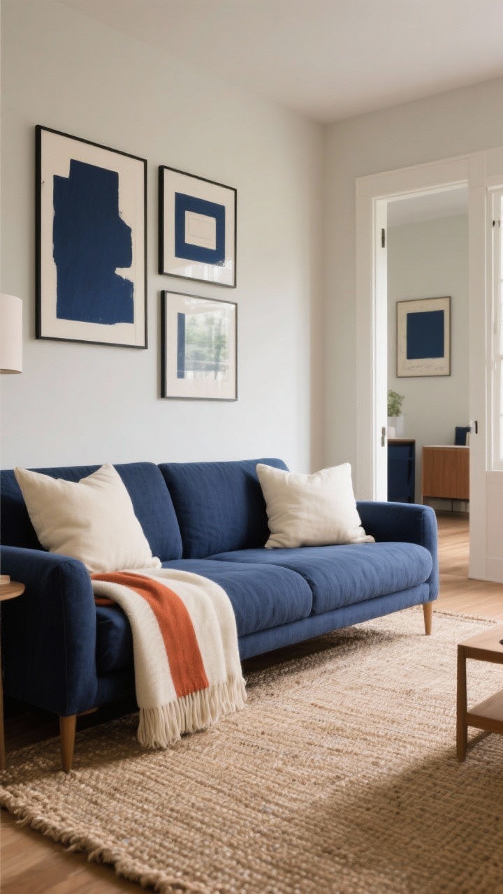 Photorealistic medium shot of a living room corner curated around a tight color palette: navy, cream, and rust with warm neutrals. Navy linen sofa with cream throw pillows and a subtle rust-accent stripe on a blanket; cream-and-navy art frames on the wall echoing the palette; a neutral jute rug anchors the scene. Repeated colors continue into an adjacent room visible through a doorway for cohesion. Soft natural daylight, clutter-free surfaces, intentional, cohesive look.