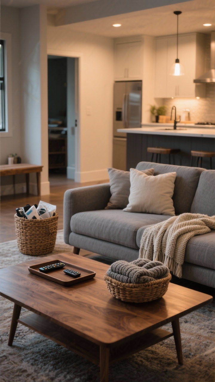 Photorealistic medium shot of a living room “hot spots” reset: a walnut coffee table cleared except for a small tray with TV remotes, neatly folded knit throws, and fluffed pillows on a soft gray sofa; an entry bench with a woven catch-all basket holding miscellaneous items waiting for weekly sorting; kitchen counter in the background minimally styled. Warm evening ambient light, clean surfaces, visual calm, no clutter piles. Angle: straight-on from sofa height to emphasize cleared surfaces and fast-win tidiness.