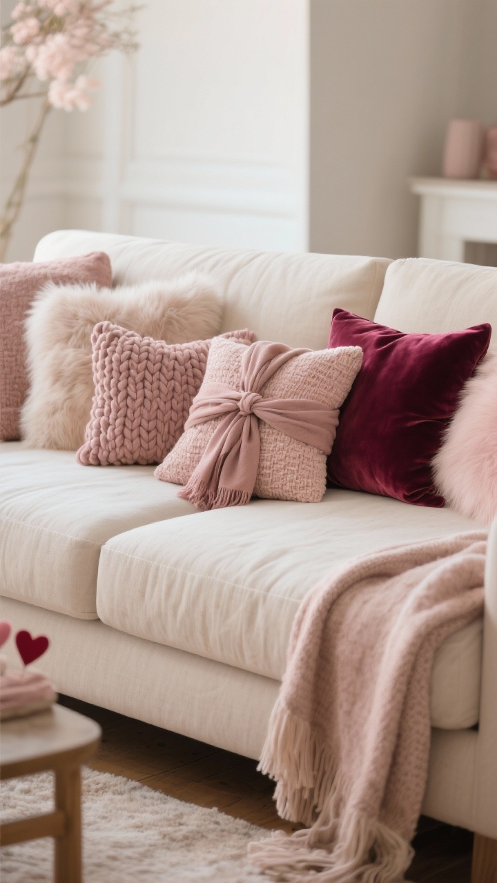 Photorealistic medium shot of a living room sofa styled for Valentine’s: a linen or cotton sofa dressed with mixed texture pillows—velvet, chunky knit, and faux fur—in a cohesive palette of cream, blush, and berry (limit to 2–3 colors). Include a DIY touch with one pillow wrapped in a scarf tied neatly at the back. A casually draped throw blanket over the arm/back. Soft, cozy lighting; straight-on view; focus on textures and “perfectly imperfect” styling.