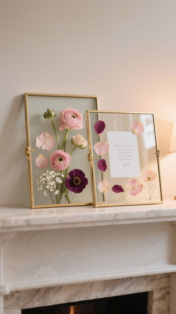Photorealistic medium shot of a mantel styled as a mini gallery with three two-piece floating glass frames leaning in a cluster. Inside, pressed petals and blooms—ranunculus, roses, anemones, and baby’s breath—arranged asymmetrically for a modern look, some petals secured discreetly. One frame includes a tiny handwritten date and a short poem snippet subtly visible behind the petals. Palette: blush, ivory, soft gold frame hardware, and deep berry accents. Background softly lit with warm side lighting; textures include smooth glass, delicate dried petals, and a neutral painted wall.