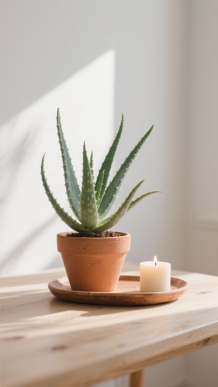 Photorealistic medium shot of a minimalist vignette: aloe vera in a low, wide terracotta pot on a small tray, paired with a candle on a light wood surface; bright indirect morning light with a hint of sunbeam; spiky, sculptural leaves and gritty terracotta texture emphasized; California casual mood, clean background; straight-on composition.