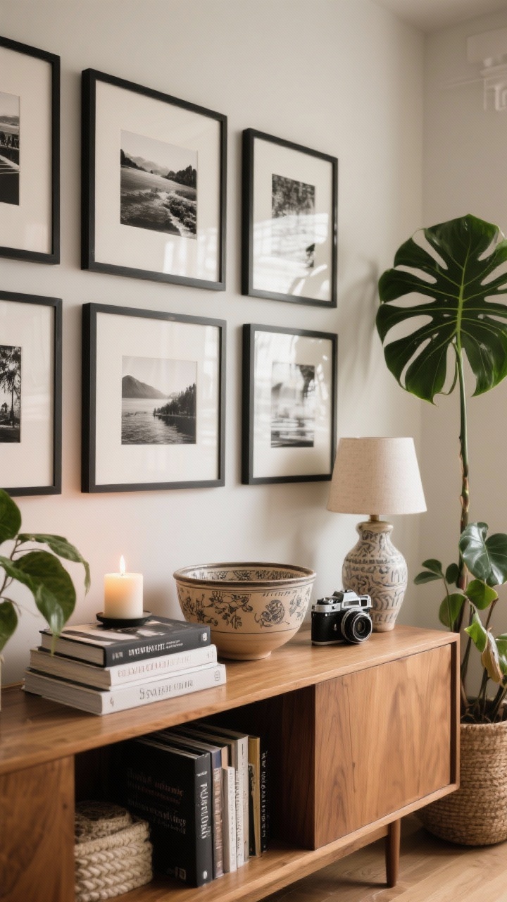 Photorealistic medium shot of a personalized vignette on a console: a chic black-and-white gallery wall of framed travel photos above, a stack of current reads with a lit candle on top, one meaningful heirloom bowl centered, and a vintage camera beside it. Add greenery—a tall fiddle leaf fig to one side and a smaller plant with different leaf shape on the other. Color palette warm and lived-in; textures in wood and matte frames; a slightly quirky ceramic lamp adds charm. Soft, warm lighting; no people.