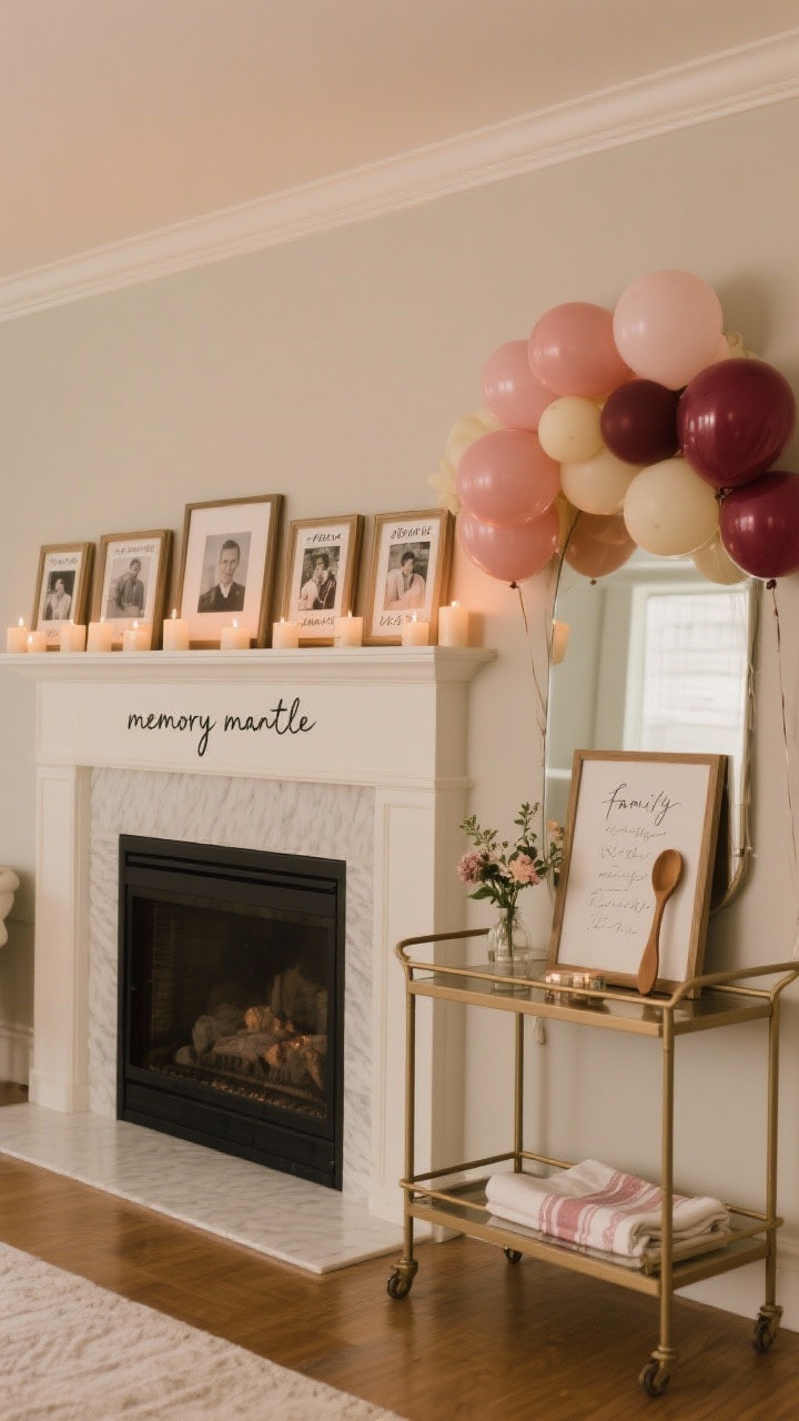 Photorealistic medium shot of a single, personal statement moment on a mantle: a “memory mantle” with a row of framed photos from different years, small handwritten captions beneath, and candles interspersed; adjacent, a chic mini matte balloon arch in blush, cream, and burgundy arranged asymmetrically over a bar cart or mirror; a framed handwritten family recipe styled with a wooden spoon, a small floral sprig, and a folded tea towel. High-traffic zone emphasis, warm lighting, sentimental yet refined.