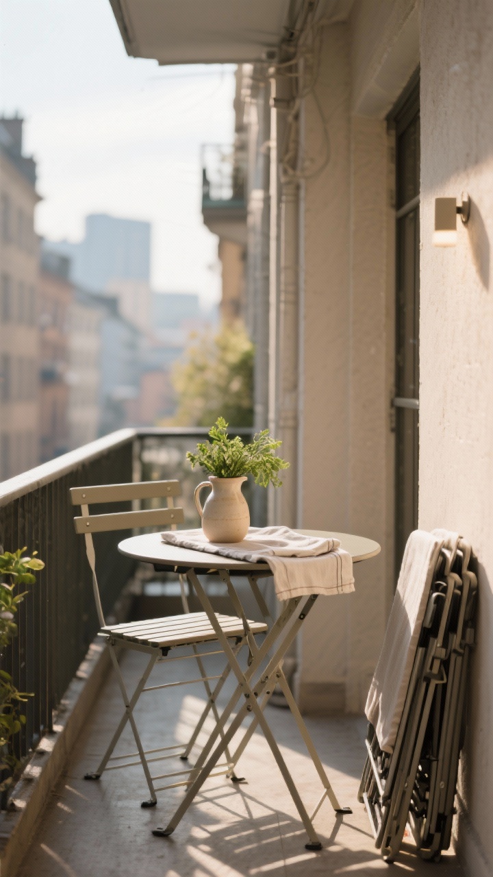 Photorealistic medium shot of a small dining nook: compact round table with a foldable bistro set for two on a narrow balcony; table styled with a simple runner, ceramic pitcher holding fresh greenery, and cloth napkins; stackable chairs visible to the side or tucked neatly; warm afternoon light, subtle city backdrop; straight-on view emphasizing usability in tight space; no people