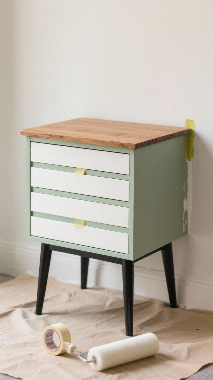 Photorealistic medium shot of a small dresser showcasing a two-tone paint finish: matte black tapered legs and base with a warm natural wood top; body in soft sage with crisp white drawer fronts separated by clean painter’s-tape-straight lines. Satin sheen on paint for a subtle, wipeable glow. Foam-roller-smooth texture, no brush marks. Shot straight-on with soft natural side lighting that highlights contrast and hides minor surface flaws; include a roll of painter’s tape and a foam roller on a nearby drop cloth to hint at the process.
