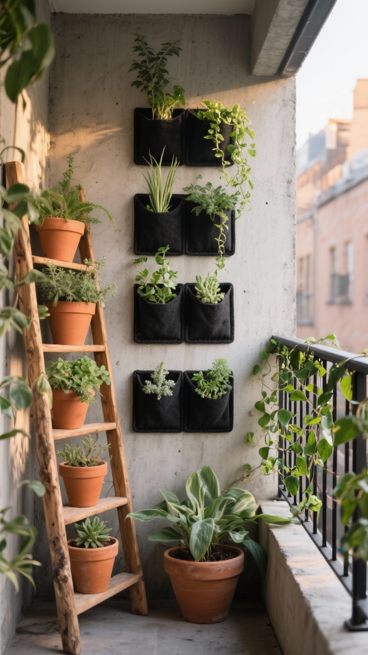 Photorealistic medium shot of a small urban balcony corner turned into a vertical garden: black modular wall planters and felt pocket systems mounted on a concrete wall filled with herbs, succulents, and trailing pothos; a leaning natural-wood ladder shelf stacked with terracotta pots, and a slim black metal trellis with ivy climbing to soften the wall. Consistent planter color palette in black and terracotta, warm late-afternoon natural light, cozy jungle vibe, straight-on angle, no people.