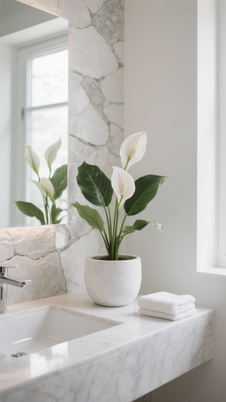 Photorealistic medium shot of a spa-like bathroom with a peace lily on a vanity near a window; white or stone pot, sleek white walls and stone textures; glossy leaves and a few elegant white spathes; soft, diffused low-to-medium natural light with gentle reflections; calm, minimalist styling with a folded towel and no clutter; corner angle.