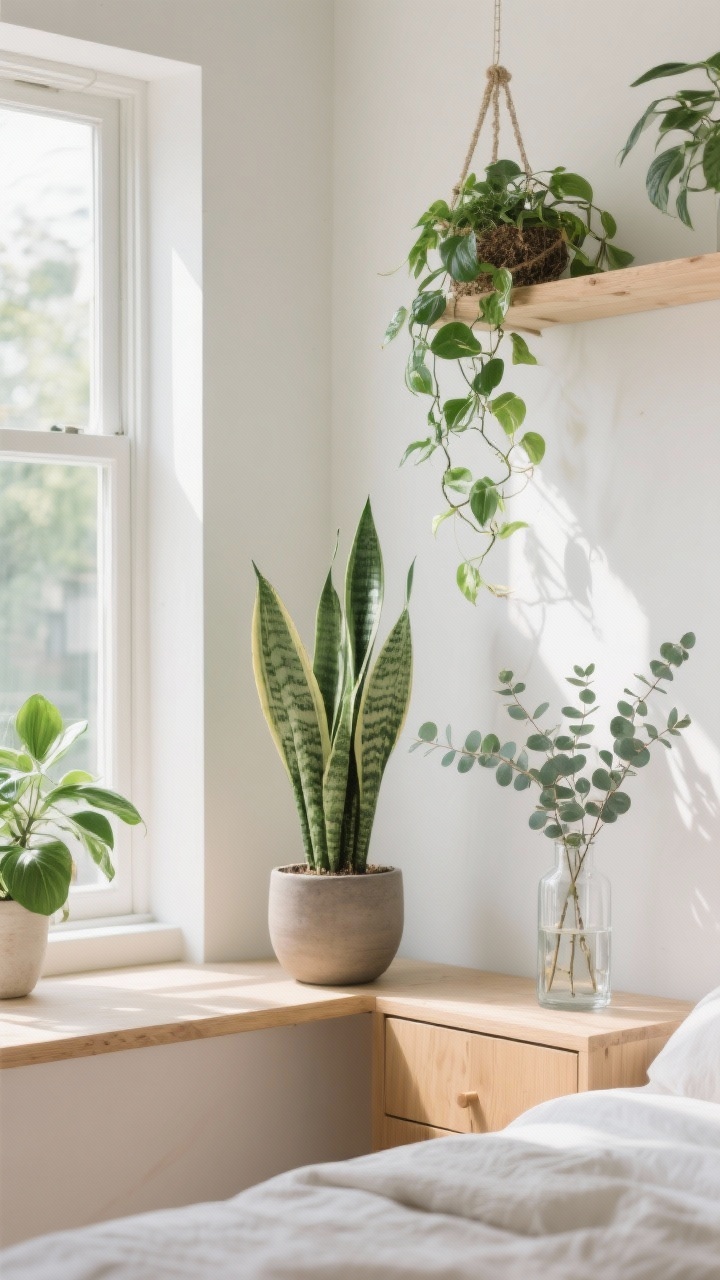 Photorealistic medium shot of a sunlit shelf and window ledge featuring forgiving houseplants: a tall snake plant in a matte ceramic pot near the bedroom corner, a glossy-leaf ZZ plant on a sideboard, and trailing pothos cascading from a hanging planter; leaves look perky, soil slightly dry; a clear glass vase with fresh eucalyptus stems as an alternative; soft natural light, light wood, and white walls emphasizing greenery