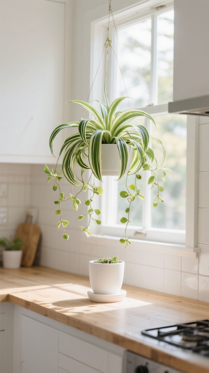 Photorealistic medium shot of a sunny kitchen window scene with a spider plant elevated to show arching variegated leaves and hanging baby plantlets; bright indirect light flooding white tile and light wood; plant in a simple white pot on a pedestal near the window, airy and fresh; slight diagonal angle from countertop height to emphasize playful offshoots.