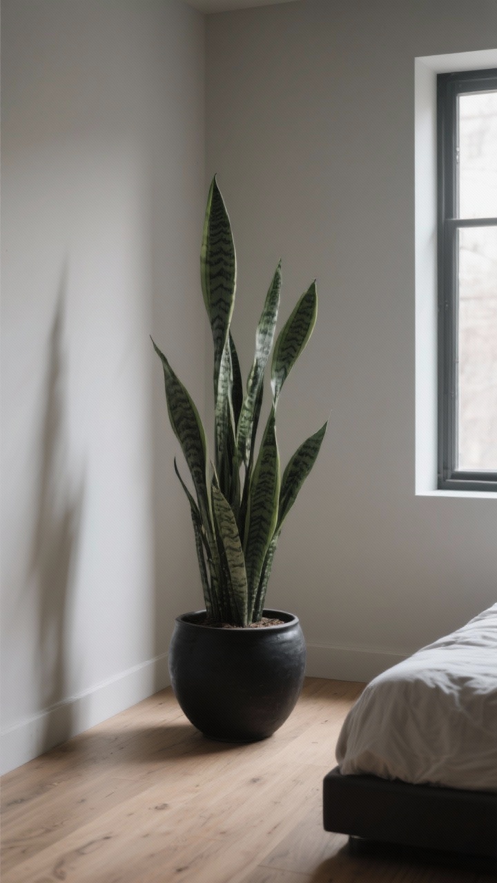 Photorealistic medium shot of a tall snake plant (Sansevieria) anchoring a dim bedroom corner, placed in a matte black ceramic floor pot on light wood floors; upright, architectural leaves framed by soft, low to bright indirect natural light from an adjacent window; minimalist, curated vibe with clean lines and a neutral palette, no other plants; slight corner angle to emphasize height and drama.