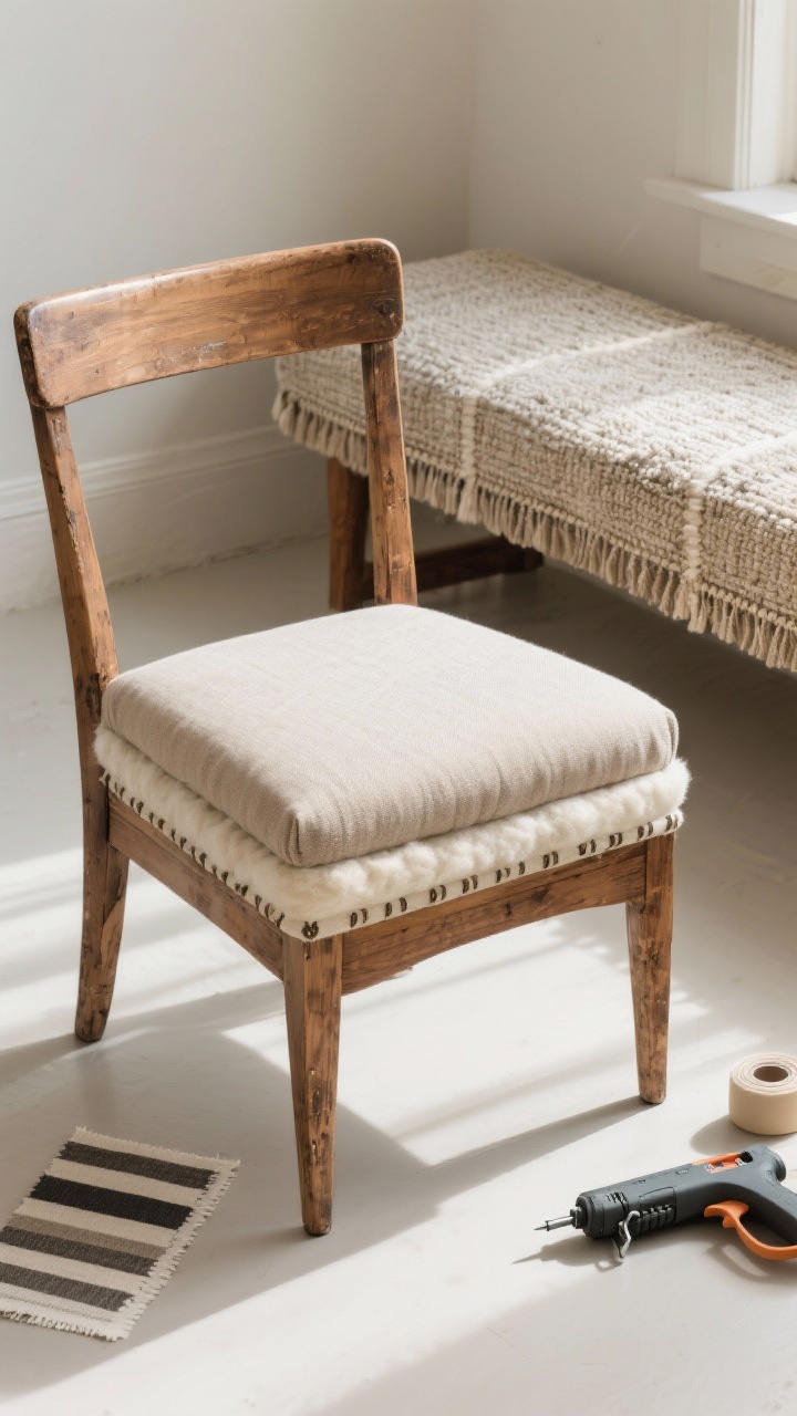 Photorealistic medium shot of a thrifted wooden chair with a newly upholstered drop-in seat: layers of wood base, foam, batting, and a performance linen fabric in a subtle neutral, pulled taut and neatly stapled underneath. Nearby, a bench shows a fabric-wrapped top in textured boucle, edges folded like a present with clean corners; a roll of gimp trim rests beside a staple gun. Straight-on view with bright natural light, crisp shadows, and visible weave in the fabrics; include a striped swatch to suggest tailored pattern options.