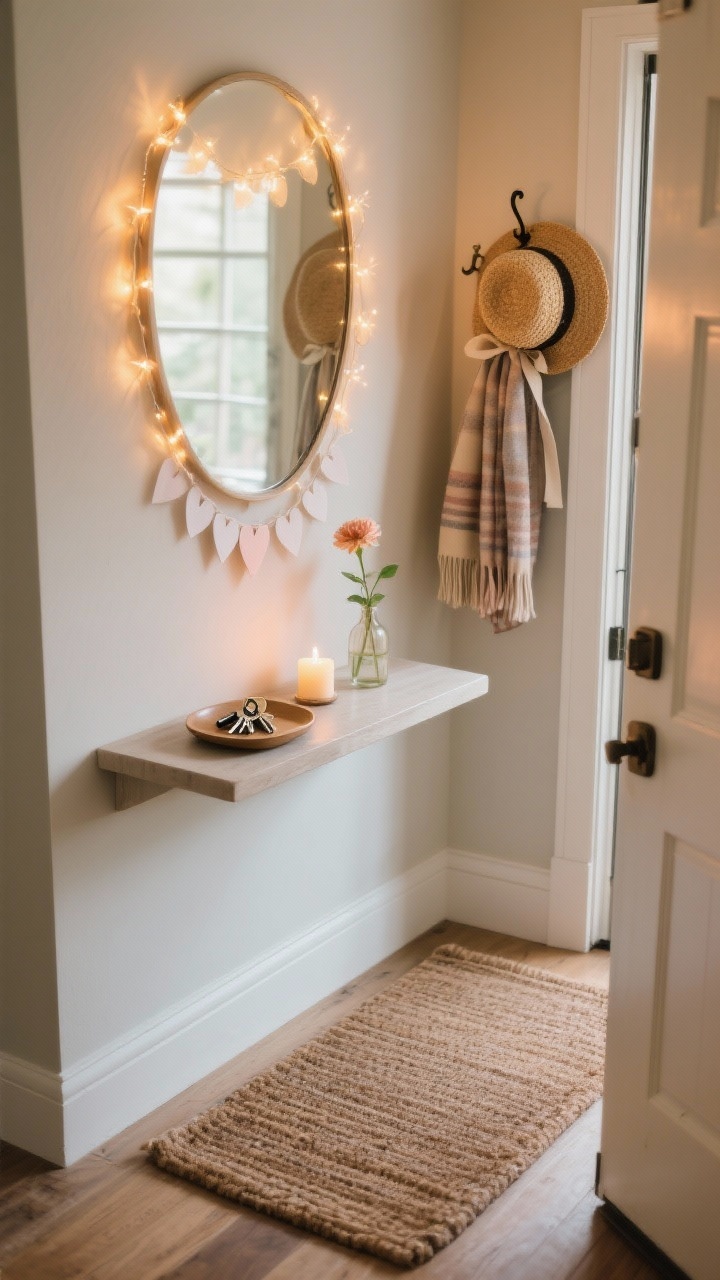 Photorealistic medium shot of a welcoming entryway setup: a narrow console with a small tray or plate holding keys and a lit candle, plus a tiny bud vase with a single flower. A mirror above the console is outlined with warm fairy string lights or a delicate paper heart garland. On the floor, a cozy runner or a small rug layered over the existing mat for texture. A coat hook displays a pretty scarf or straw hat accented with ribbon. Warm, inviting lighting; angled from the doorway inward.