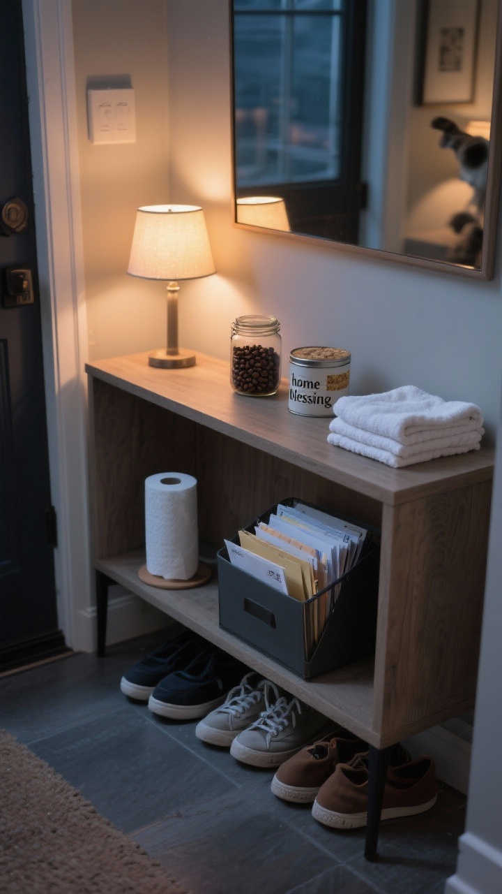 Photorealistic medium shot of an evening 3-item “home blessing” scene at an entry console: three small tasks visible—refilled paper towel roll, a tidy line of shoes beneath the console with sorted mail in a slim organizer, and freshly swapped hand towels folded on top. A small jar of coffee beans and a pet food canister tucked neatly on a lower shelf. Warm lamp light on the console creates a calm, done-for-tomorrow mood. Angle: straight-on entry perspective.