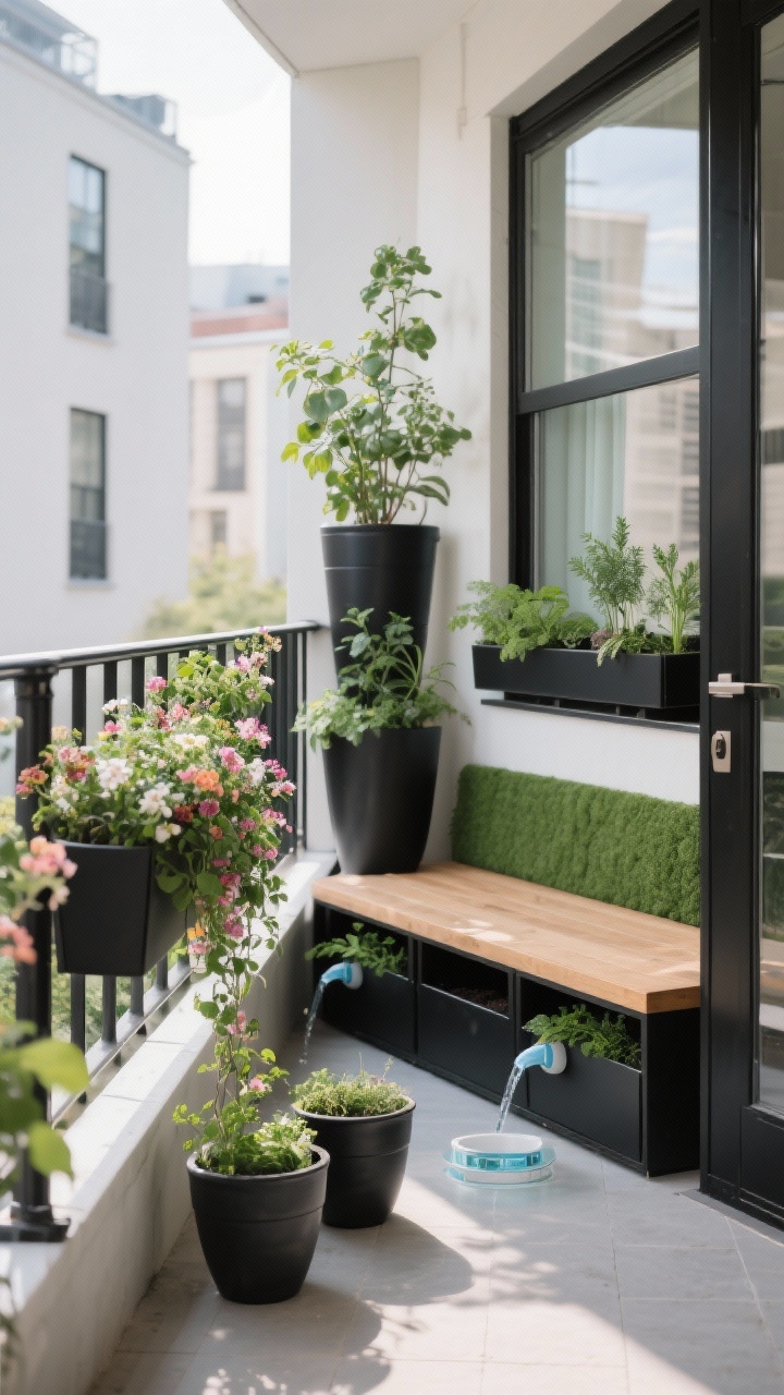 Photorealistic medium shot of multi-tasking planters: sleek rail planters with blooms cascading outside the railing, a bench with built-in planter boxes creating a green nook, a couple of self-watering pots with discreet water level indicators, and window boxes at eye level filled with herbs. Cohesive pot palette in matte black metal and glazed accents for bold color. Include subtle privacy created by taller planters; bright but diffused daylight; shot from balcony doorway to show space-saving layout.