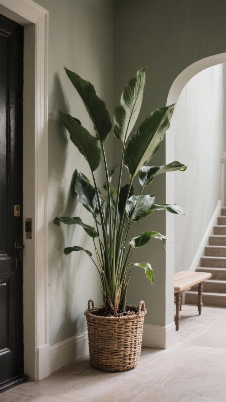 Photorealistic medium-to-wide shot of an entryway with a cast-iron plant (Aspidistra) as a floor plant in a tall woven basket; low to medium, subdued natural light suggesting a shaded area; long, lush leaves reading classic and elegant against a muted wall and simple bench; hint of a stair landing nearby; straight-on perspective for timeless stability.