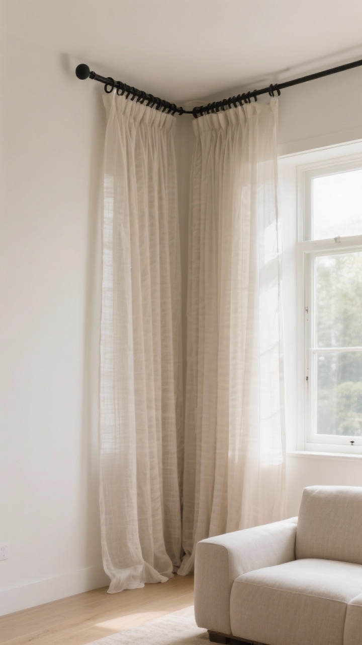 Photorealistic medium-wide living room corner showcasing high-hung drapery mounted just below the ceiling on extended rods 8 inches past the window frame, curtains in airy linen voile that softly graze the floor, fabric tone matched to warm off-white walls for a seamless look; sheer layer behind a light-blocking panel for privacy; slim black curtain rod and minimal rings; abundant daylight streaming in with curtains stacking off the glass to maximize light; calm, uncluttered palette, small-scale texture in the fabric, soft cocoon-like mood