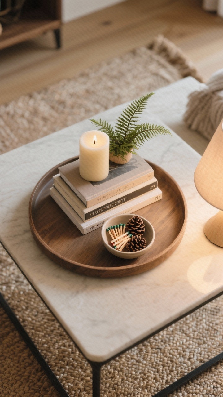 Photorealistic overhead detail of a mini nightly vignette on a coffee table: a small round tray, stacked hardcover books creating height, and a soft element like a creamy pillar candle or a petite fern plant; an odd-numbered trio composition. Seasonal rotation detail—a small bowl of matchbooks or pinecones—adds personality. Gentle lamplight creates soft shadows, with a jute rug texture peeking at the edge. Angle: top-down flat-lay style.