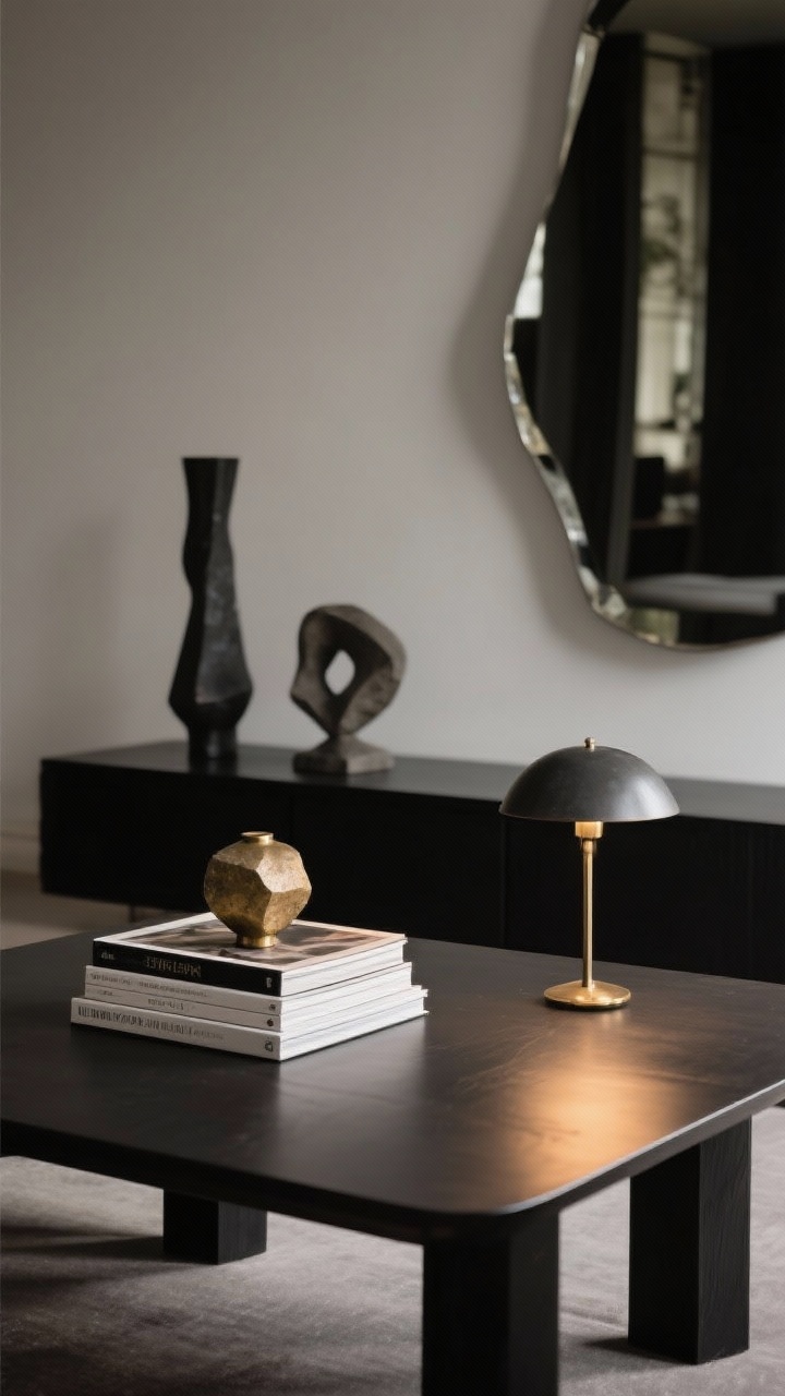 Photorealistic overhead detail of an edited coffee table: negative space with a neat stack of art books topped by a small brass or stone object, a single sculptural lamp nearby casting a moody pool of light, and a dramatic mirror in the background blur; objects arranged in threes (tall, medium, small) for balance; muted palette and one bold element stealing the show; minimal clutter, rich shadows