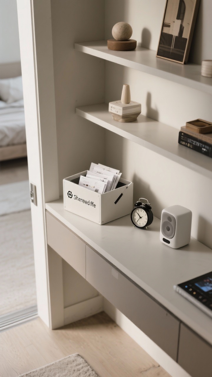 Photorealistic overhead detail shot of a console surface at the entry used for editing inputs: small mail sorter labeled recycle/shred/file with papers being sorted, a compact analog alarm clock nearby (suggesting phone-free bedroom), a minimalist speaker playing a mellow playlist instead of TV noise; one curated display shelf in the background with a few meaningful objects only; clean lines, muted tones, organized and serene atmosphere