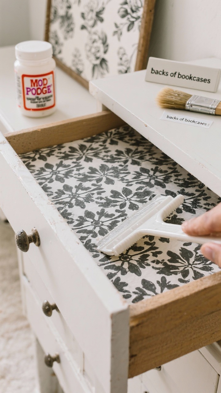 Photorealistic overhead detail shot of a drawer front being decoupaged with a black-and-white patterned peel-and-stick wallpaper: surface lightly sanded, dust wiped away, one edge aligned and smoothed with a plastic squeegee to eliminate bubbles. Nearby, a jar of matte Mod Podge and a brush for sealing paper projects, plus a small panel labeled “backs of bookcases” showing a subtle floral used as a backdrop. Clean, even lighting to capture paper texture, crisp pattern edges, and a matte, non-glare finish.