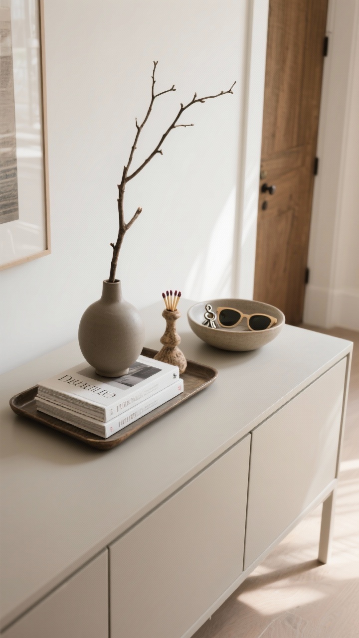 Photorealistic overhead detail shot of a styled credenza surface using the three-item vignette formula. On a tray: a tall branch in a matte ceramic vase, a horizontal stack of two design books, and one personal object like a small travel-found sculpture or match striker. A beautiful shallow bowl near the entry holds keys and sunglasses. One-third of the surface left empty for function. Soft morning light, minimal visual noise.