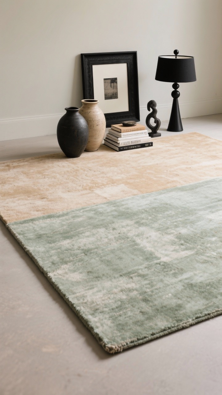 Photorealistic overhead detail shot of a unified styling moment on a single large area rug: cohesive palette with two main hues (warm beige and misty sage) plus a black accent; repeated black finish in a picture frame and lamp finial; styling in a trio—tall ceramic vase, medium stacked books, small sculptural object—then minimal negative space; the rug sized to fully anchor the grouping, emphasizing visual continuity and flow