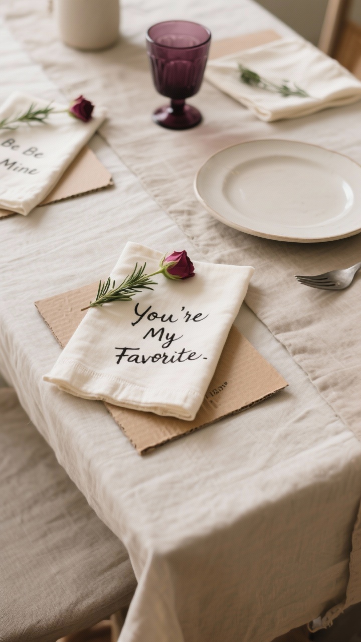 Photorealistic overhead shot of hand-lettered linen napkins arranged for a table setting. Natural ivory linen napkins with short, script-style phrases like “You’re My Favorite” and “Be Mine” written in black fabric marker, edges neatly folded with a sprig of rosemary or a mini rose tucked into each. A piece of cardboard is visible under one napkin corner to suggest careful crafting; an iron and faintly visible heat-set texture implied by crisp lettering. Minimalist tablescape: neutral runner, simple ceramic plate in soft white, deep berry glass accent. Soft, warm ambient light for a romantic, chic feel.