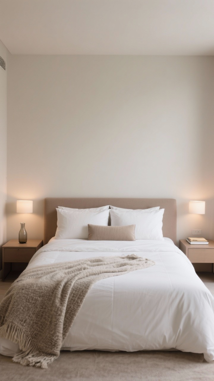 Photorealistic straight-on medium shot of a bedroom where the bed is styled simply but beautifully: three layers—crisp fitted sheet, a plush white duvet folded halfway down for effortless hotel vibes, and a textured throw blanket draped at the foot; pillow setup with two standard pillows and one elongated lumbar; nightstands cleared with a small carafe and a book; soft warm bedside lighting, serene palette of white, taupe, and muted clay