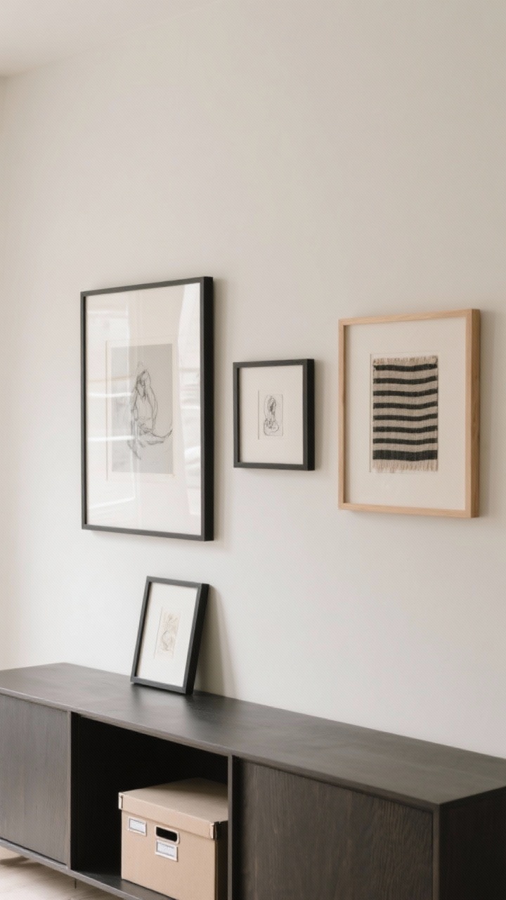 Photorealistic straight-on medium shot of a pared-back art display over a console: exactly 3–5 meaningful pieces with space between them. One large framed print, one small graphite sketch, one framed textile or postcard, all in consistent black or light-wood frames. One piece is casually leaning on the console; a labeled flat file box tucked below hints at rotation. Neutral wall, no gallery wall clutter, soft daylight, polished and edited.