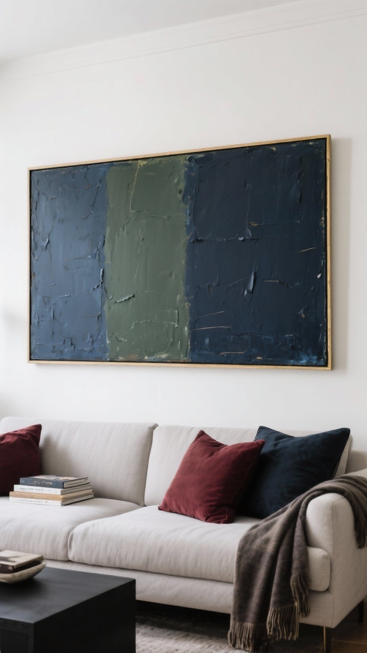 Photorealistic straight-on medium shot of a sofa wall featuring oversized art: one large canvas above the sofa measuring roughly two-thirds the sofa’s width, with subtle DIY texture paste visible; colors in the art (deep navy, olive, oxblood) are echoed in pillows, books, and a throw; clean, simple black or thin brass frame; minimal clutter, calm composition with soft natural light