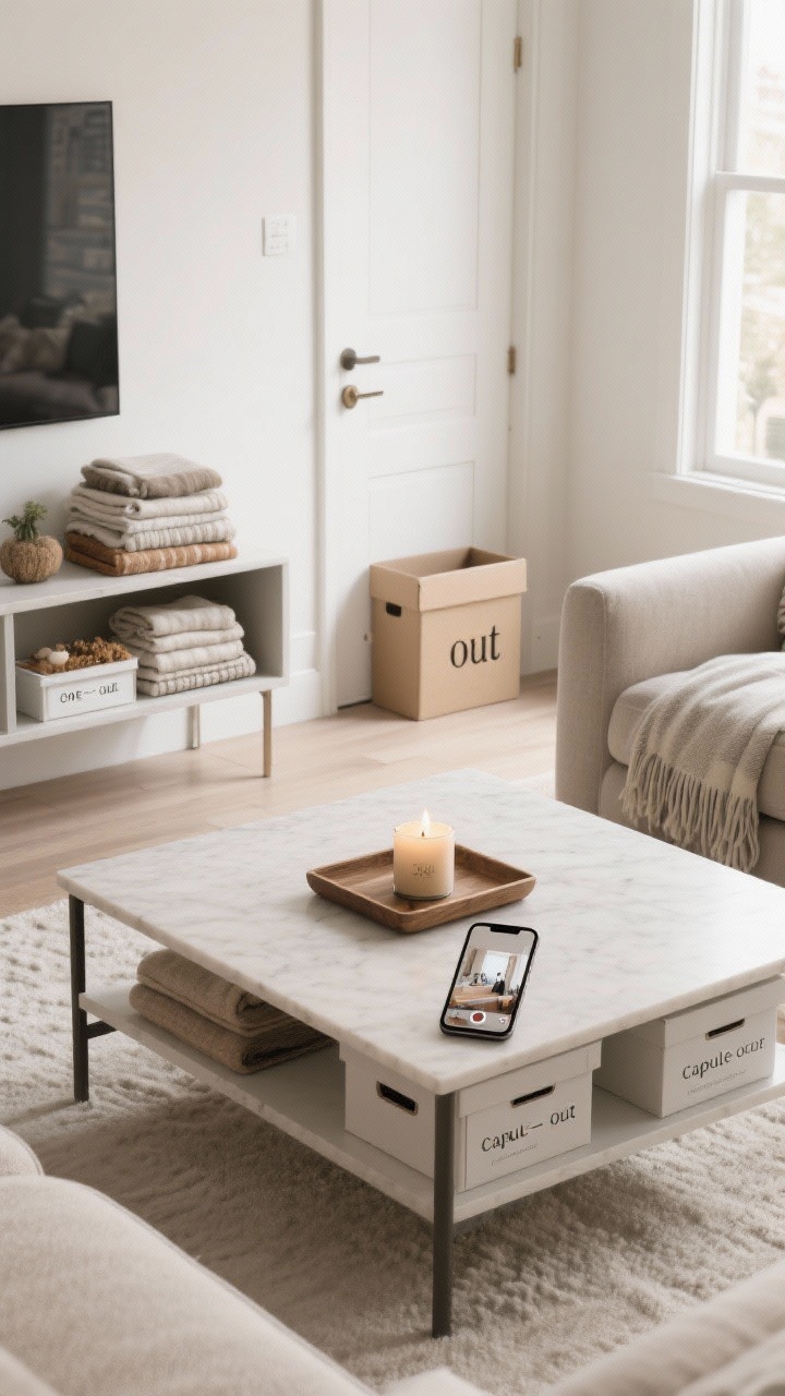 Photorealistic straight-on wide shot of a living room mid-reset illustrating editing systems: a tidy coffee table with only a tray and one candle (old version placed in a small “out” box by the door for one-in-one-out), a small stack of labeled seasonal decor boxes on a low shelf (capsule collection), throws neatly re-folded. Include a smartphone on the console showing a room photo, implying the photo-check habit. Clean lines, bright natural light.