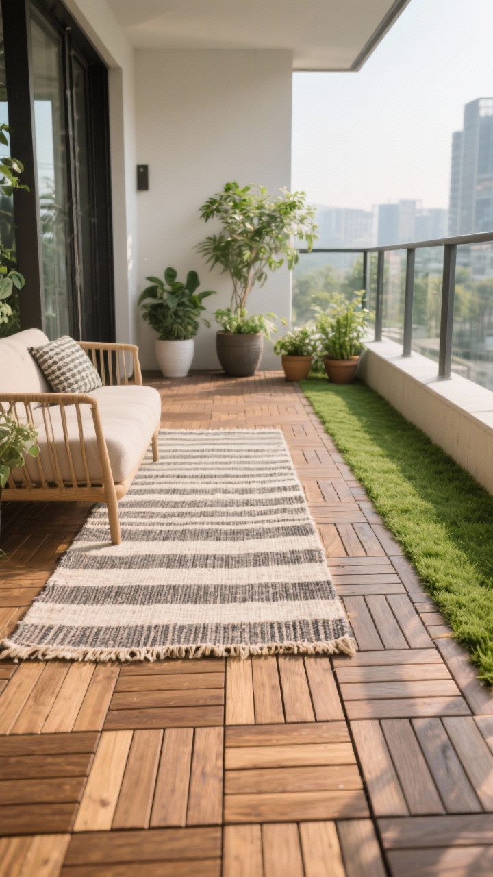 Photorealistic wide balcony floor transformation: interlocking wood deck tiles forming a warm base, topped with a weatherproof striped outdoor rug defining a “garden lounge” zone, and a neat strip of high-quality faux grass at one end for instant garden feel. Include a few potted plants to show contrast—green foliage popping against wood and rug. Emphasize textures of slatted wood, woven rug, and turf pile; soft morning natural light, straight-on wide shot.