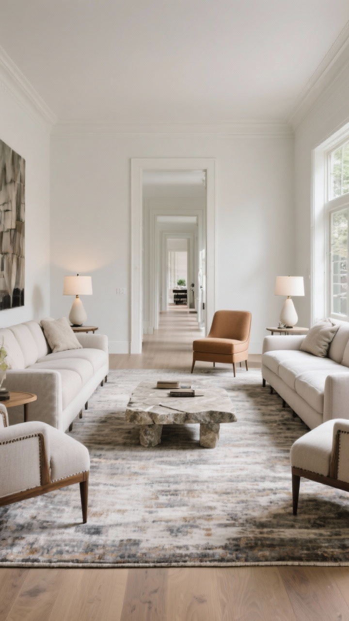 Photorealistic wide corner angle of a living room emphasizing scale and symmetry: oversized rug large enough that all front legs (ideally all legs) of sofa and chairs sit on it; 18 inches between sofa and stone-top coffee table; 36-inch walkway behind; paired table lamps for gentle symmetry, subtly broken by one off-center accent chair; furniture floated off walls to create breathing room; balanced, airy feel