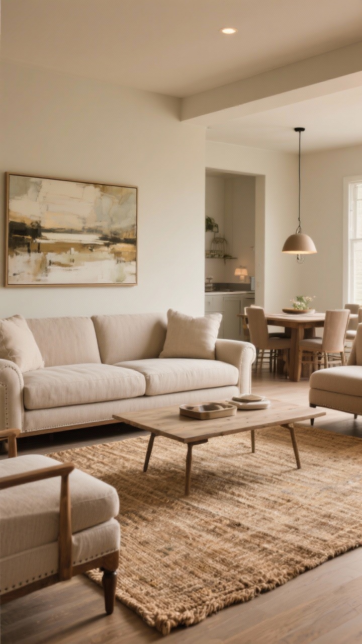 Photorealistic wide shot demonstrating correct scale in a living room: a large rug with all front legs of seating on it, a coffee table about two-thirds the width of the sofa positioned 16 inches away, and art above the sofa measuring two-thirds sofa width hung 7 inches above the back. Include a dining nook in the background with a pendant hung 33 inches above the table, fixture width about half the table width. Warm, inviting lighting; if a smaller rug must remain, show a larger jute rug layered underneath to balance the space; no people.